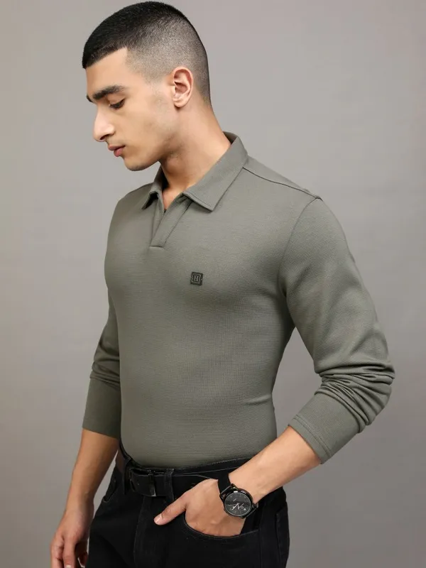 Highlander Men Grey Self Design Polo Collar T-Shirt