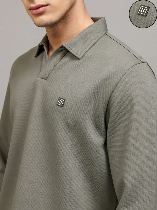 Highlander Men Grey Self Design Polo Collar T-Shirt