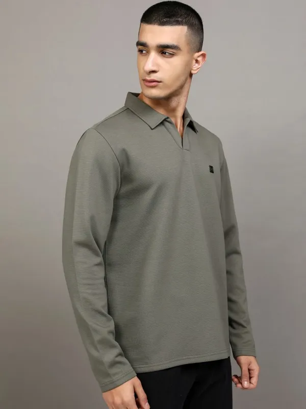 Highlander Men Grey Self Design Polo Collar T-Shirt