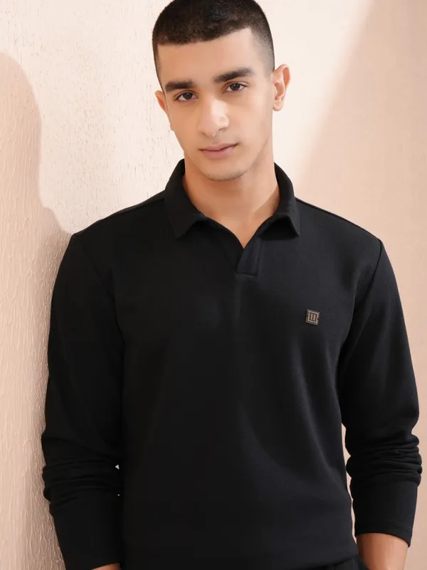 Highlander Men Black Self Design Polo Collar T-Shirt