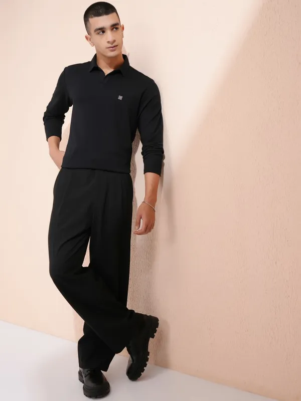 Highlander Men Black Self Design Polo Collar T-Shirt