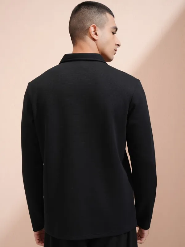 Highlander Men Black Self Design Polo Collar T-Shirt