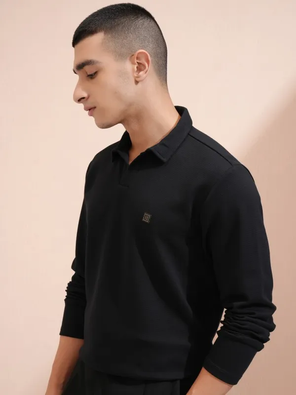 Highlander Men Black Self Design Polo Collar T-Shirt
