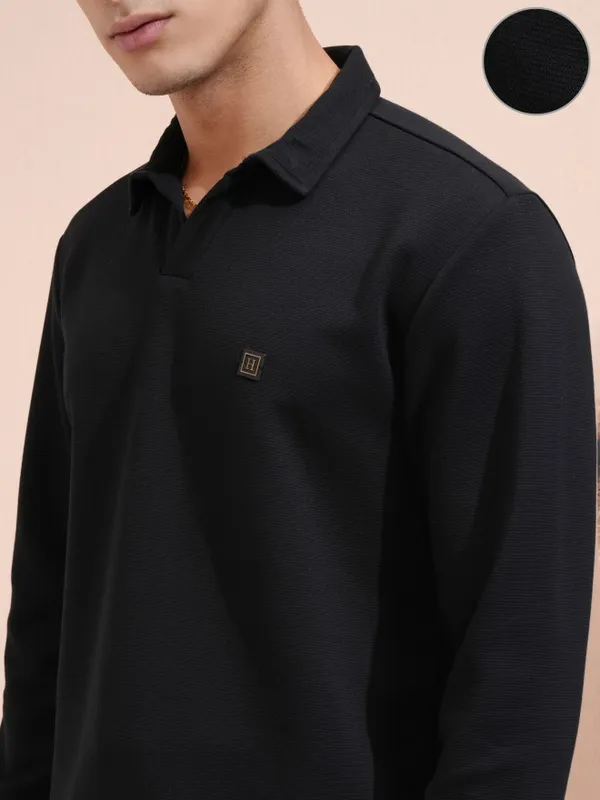 Highlander Men Black Self Design Polo Collar T-Shirt