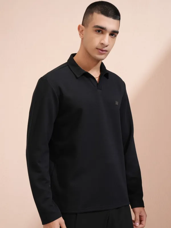 Highlander Men Black Self Design Polo Collar T-Shirt