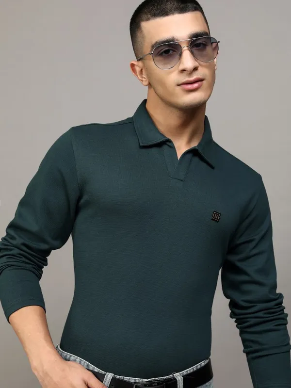 Highlander Men Teal Self Design Polo Collar T-Shirt