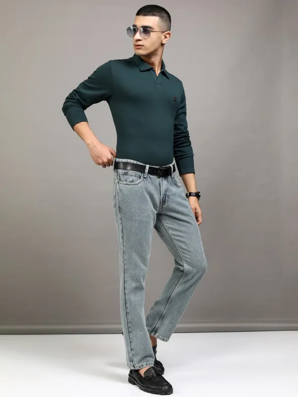 Highlander Men Teal Self Design Polo Collar T-Shirt