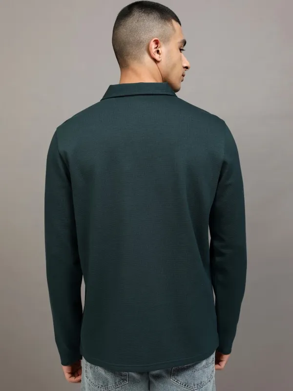 Highlander Men Teal Self Design Polo Collar T-Shirt