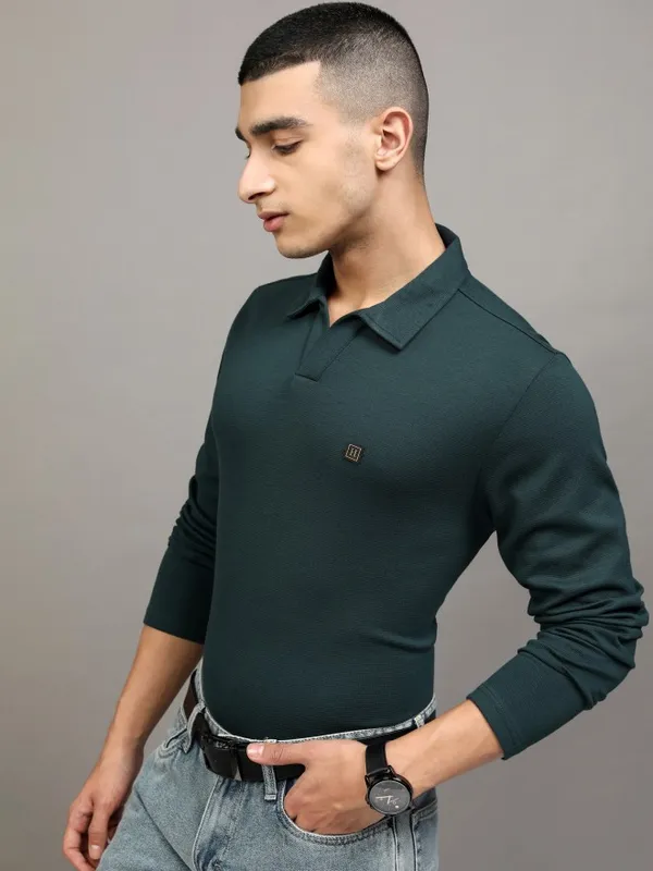 Highlander Men Teal Self Design Polo Collar T-Shirt