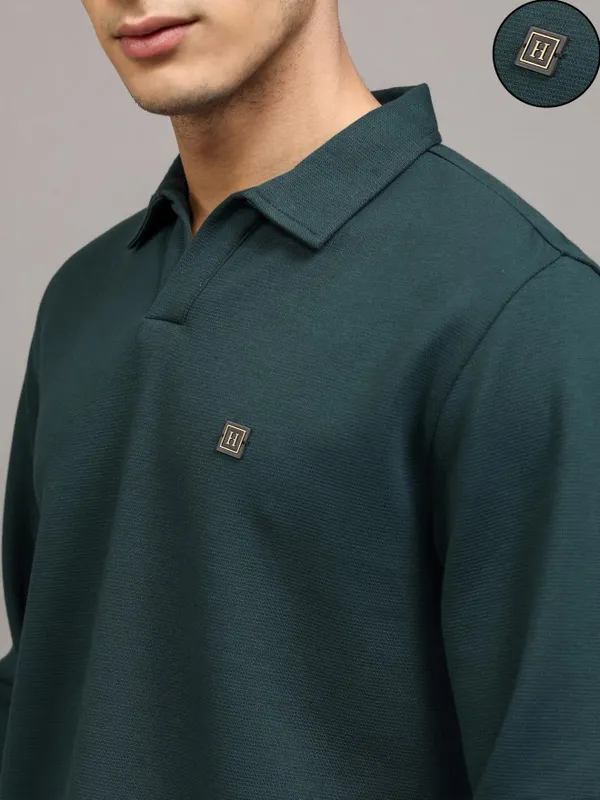 Highlander Men Teal Self Design Polo Collar T-Shirt