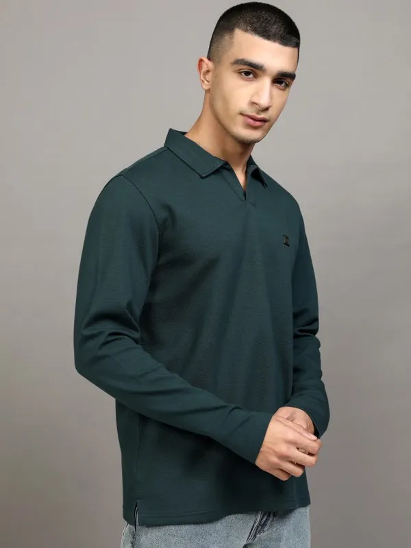 Highlander Men Teal Self Design Polo Collar T-Shirt