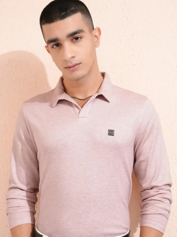 Highlander Men Pink Self Design Polo Collar T-Shirt
