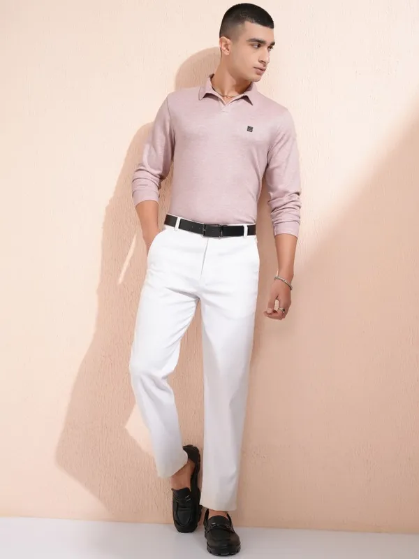 Highlander Men Pink Self Design Polo Collar T-Shirt
