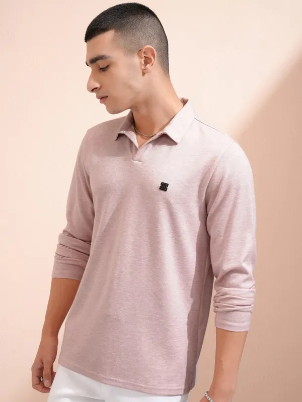 Highlander Men Pink Self Design Polo Collar T-Shirt