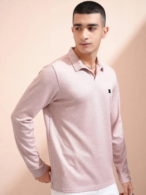 Highlander Men Pink Self Design Polo Collar T-Shirt