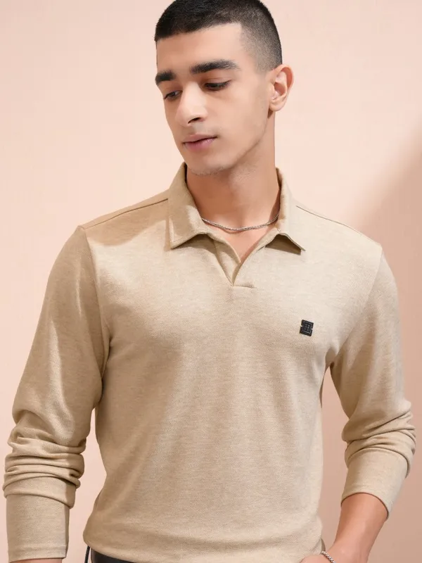 Highlander Men Beige Self Design Polo Collar T-Shirt