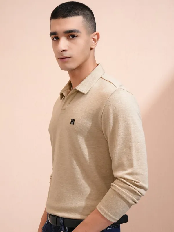 Highlander Men Beige Self Design Polo Collar T-Shirt