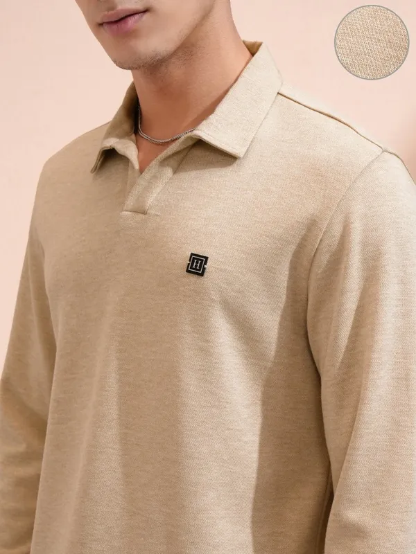 Highlander Men Beige Self Design Polo Collar T-Shirt