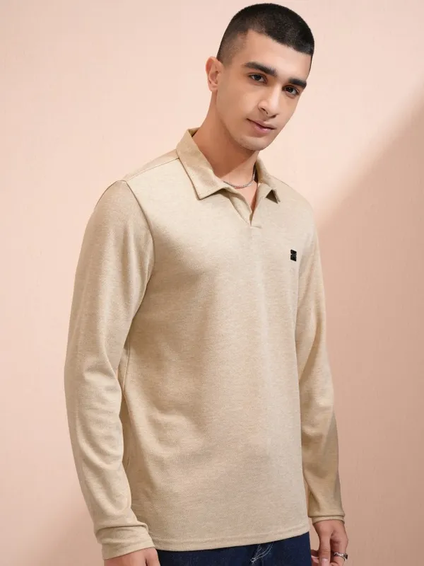 Highlander Men Beige Self Design Polo Collar T-Shirt
