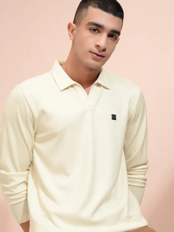 Highlander Men Cream Self Design Polo Collar T-Shirt
