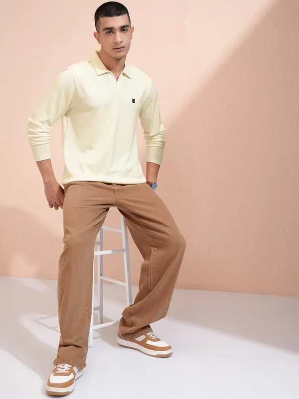 Highlander Men Cream Self Design Polo Collar T-Shirt