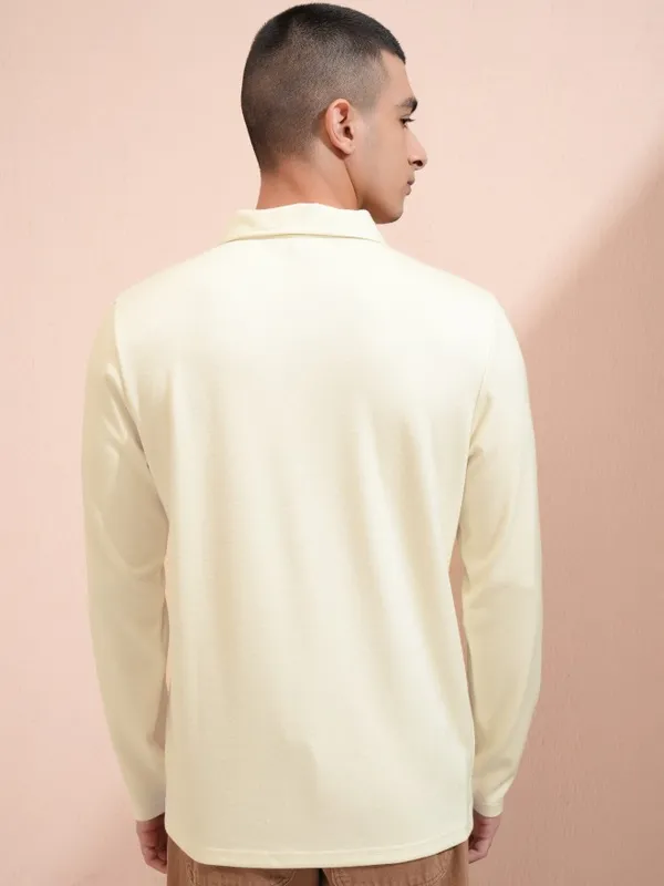 Highlander Men Cream Self Design Polo Collar T-Shirt