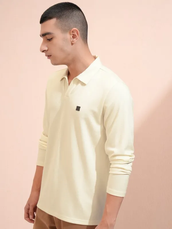 Highlander Men Cream Self Design Polo Collar T-Shirt