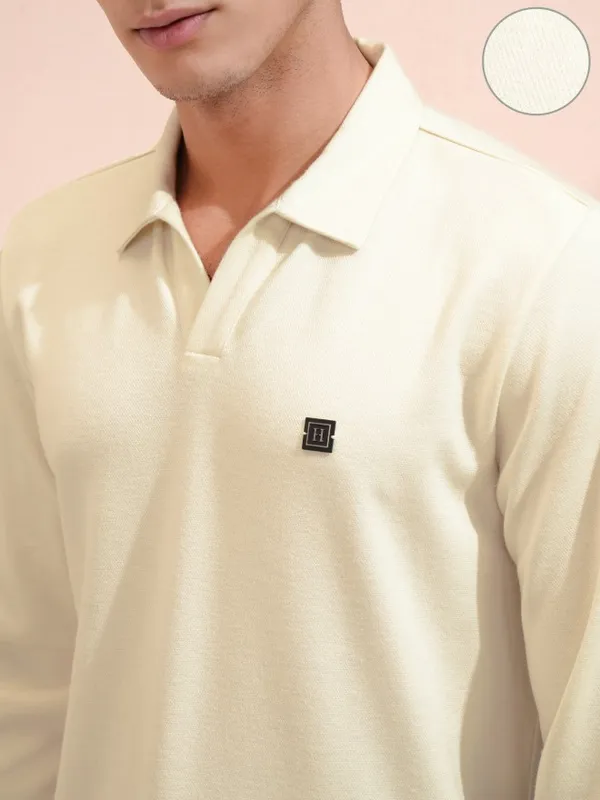 Highlander Men Cream Self Design Polo Collar T-Shirt