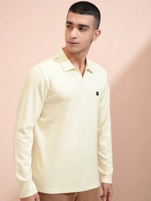 Highlander Men Cream Self Design Polo Collar T-Shirt