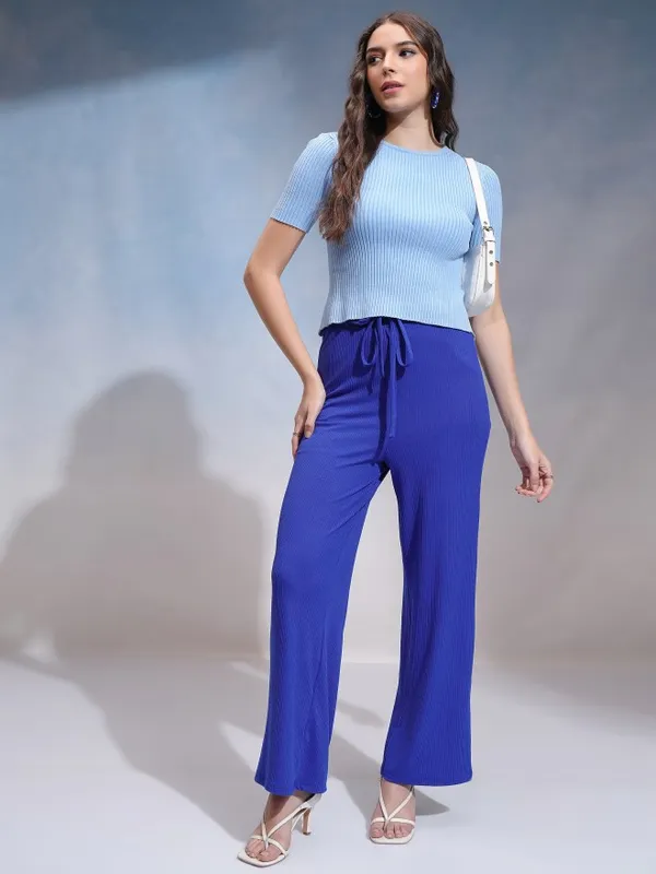 Tokyo Talkies Women Blue Solid Flared Casual Trouser