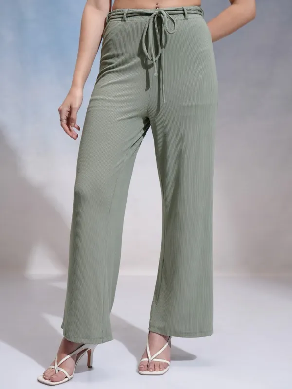 Tokyo Talkies Women Olive Solid Flared Casual Trouser