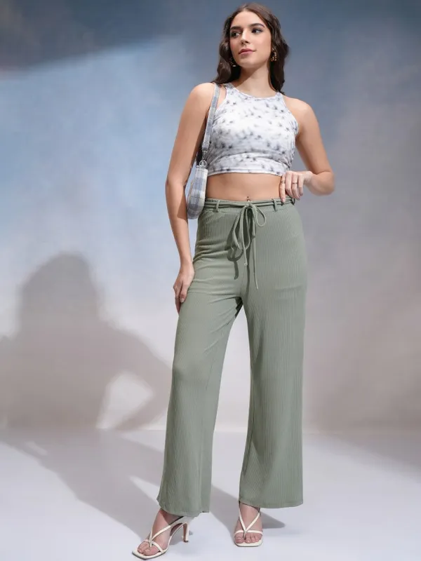 Tokyo Talkies Women Olive Solid Flared Casual Trouser