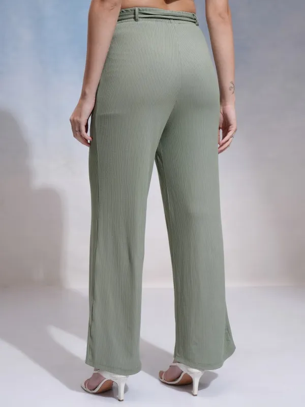 Tokyo Talkies Women Olive Solid Flared Casual Trouser