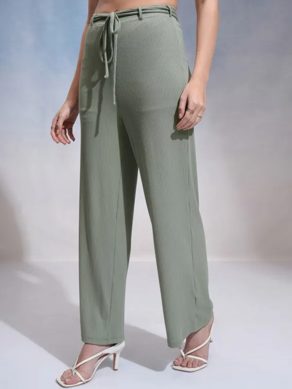 Tokyo Talkies Women Olive Solid Flared Casual Trouser