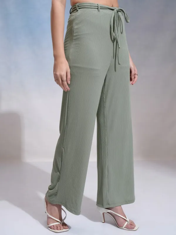 Tokyo Talkies Women Olive Solid Flared Casual Trouser