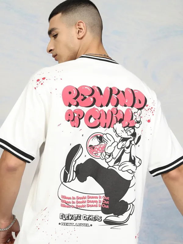 Disney By Highlander Men White Goofy Printed Round Neck T-Shirt