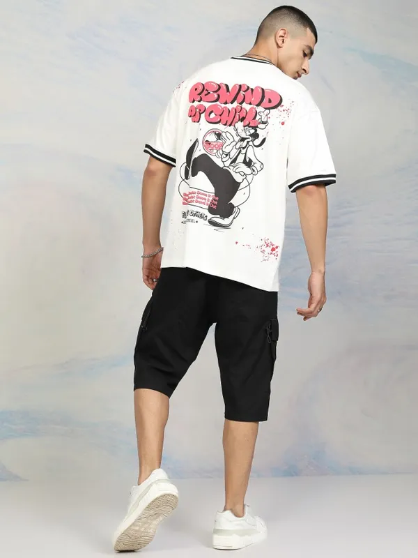 Disney By Highlander Men White Goofy Printed Round Neck Relaxed Fit T-Shirt
