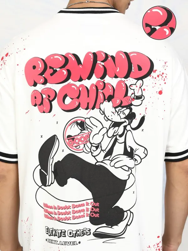 Disney By Highlander Men White Goofy Printed Round Neck Relaxed Fit T-Shirt