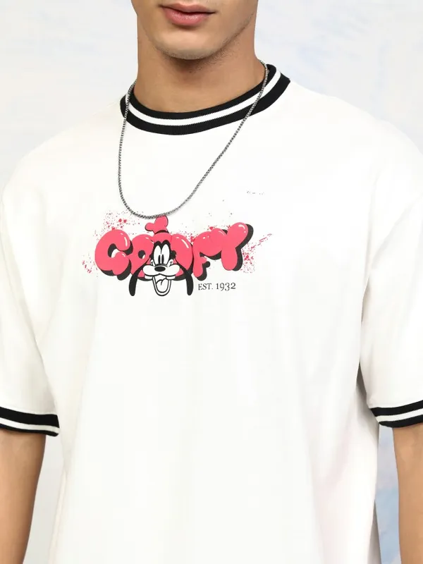 Disney By Highlander Men White Goofy Printed Round Neck Relaxed Fit T-Shirt