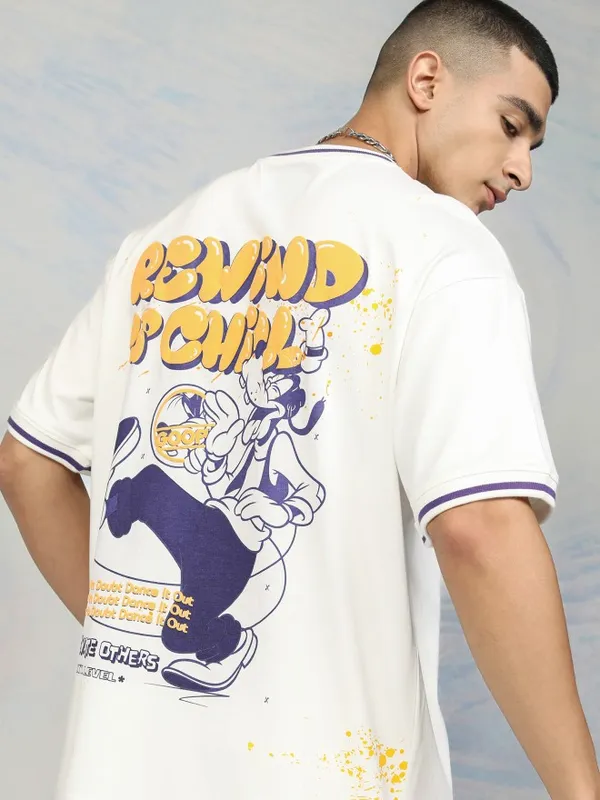 Disney By Highlander Men White Goofy Printed Round Neck T-Shirt