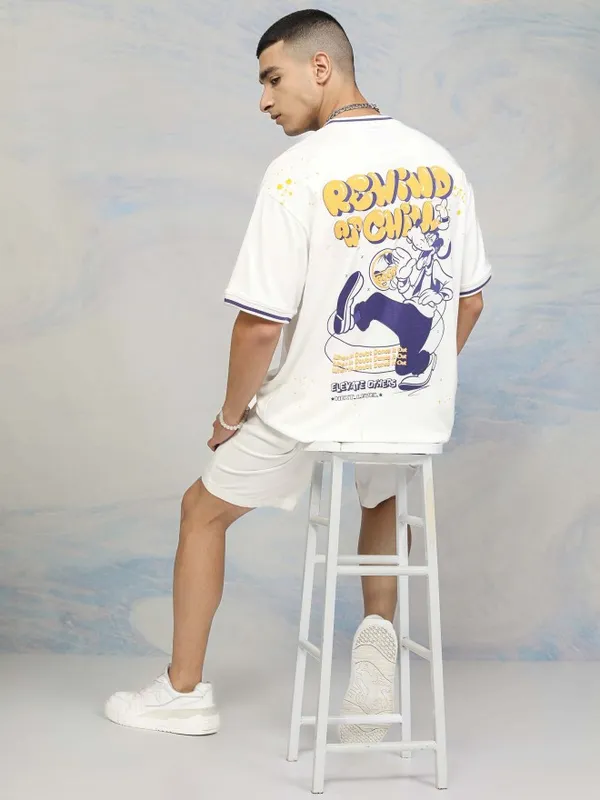 Disney By Highlander Men White Goofy Printed Round Neck T-Shirt