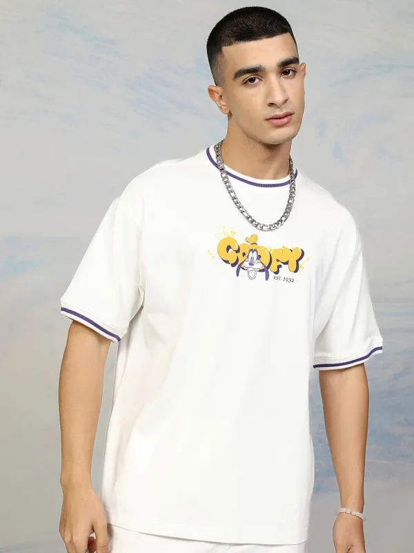 Disney By Highlander Men White Goofy Printed Round Neck T-Shirt