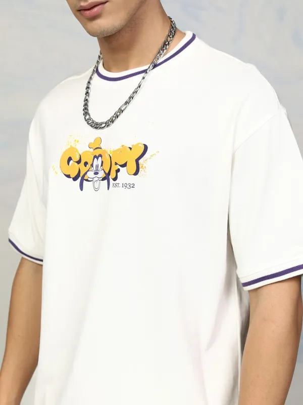 Disney By Highlander Men White Goofy Printed Round Neck T-Shirt