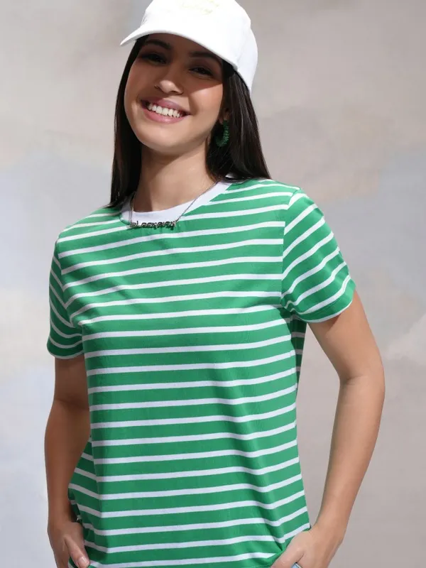 Tokyo Talkies Women Green Striped Round Neck T-Shirt
