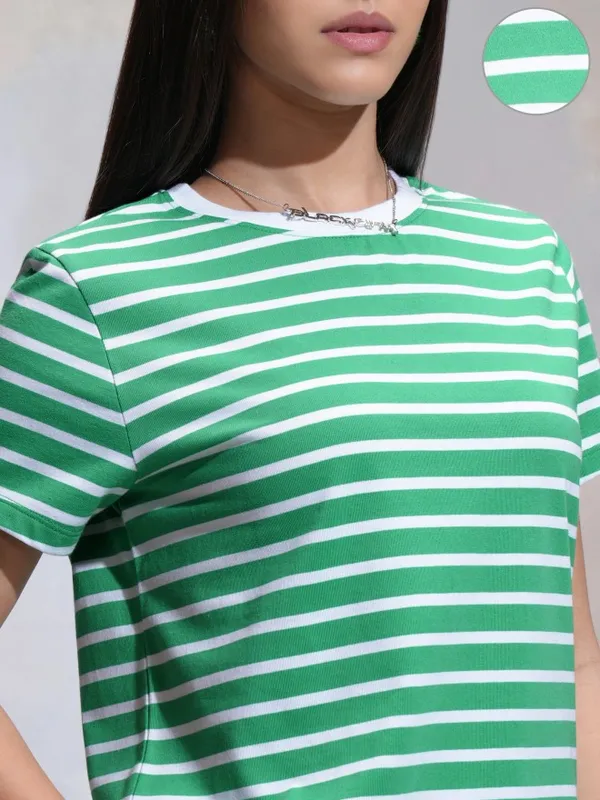 Tokyo Talkies Women Green Striped Round Neck T-Shirt