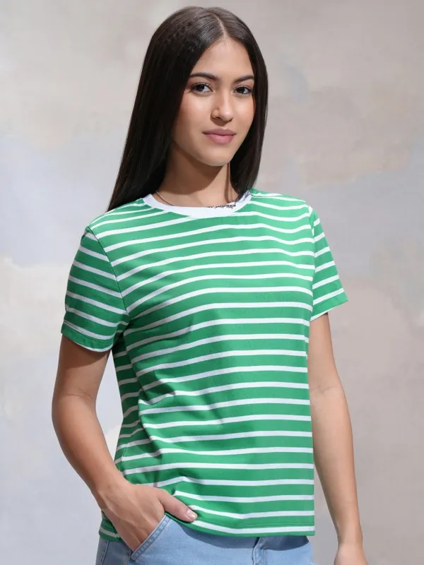 Tokyo Talkies Women Green Striped Round Neck T-Shirt
