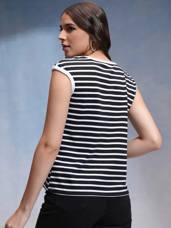 Tokyo Talkies Women Black Striped Round Neck T-Shirt