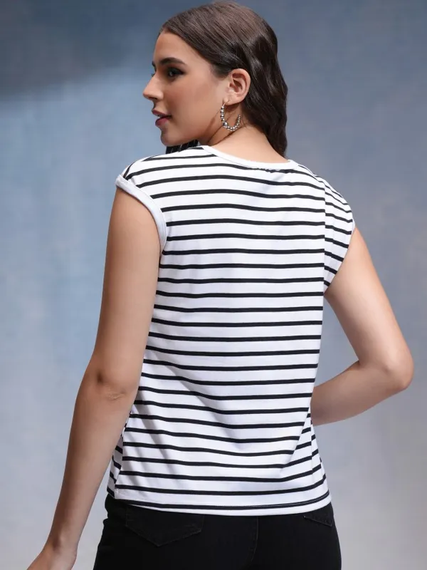 Tokyo Talkies Women White Striped Round Neck T-Shirt