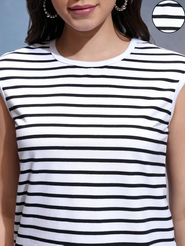 Tokyo Talkies Women White Striped Round Neck T-Shirt