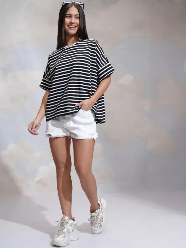 Tokyo Talkies Women Black Striped Round Neck T-Shirt